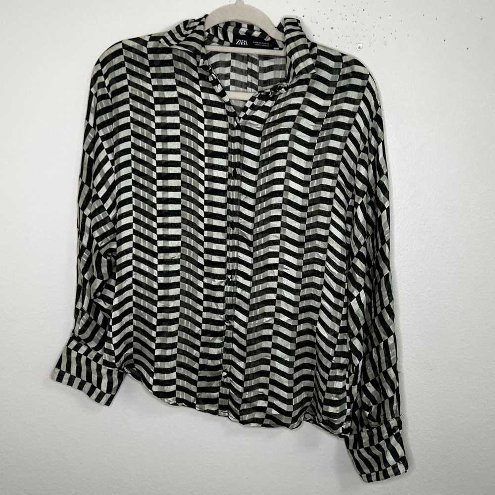 Zara sheer geometric black and white print button down shirt